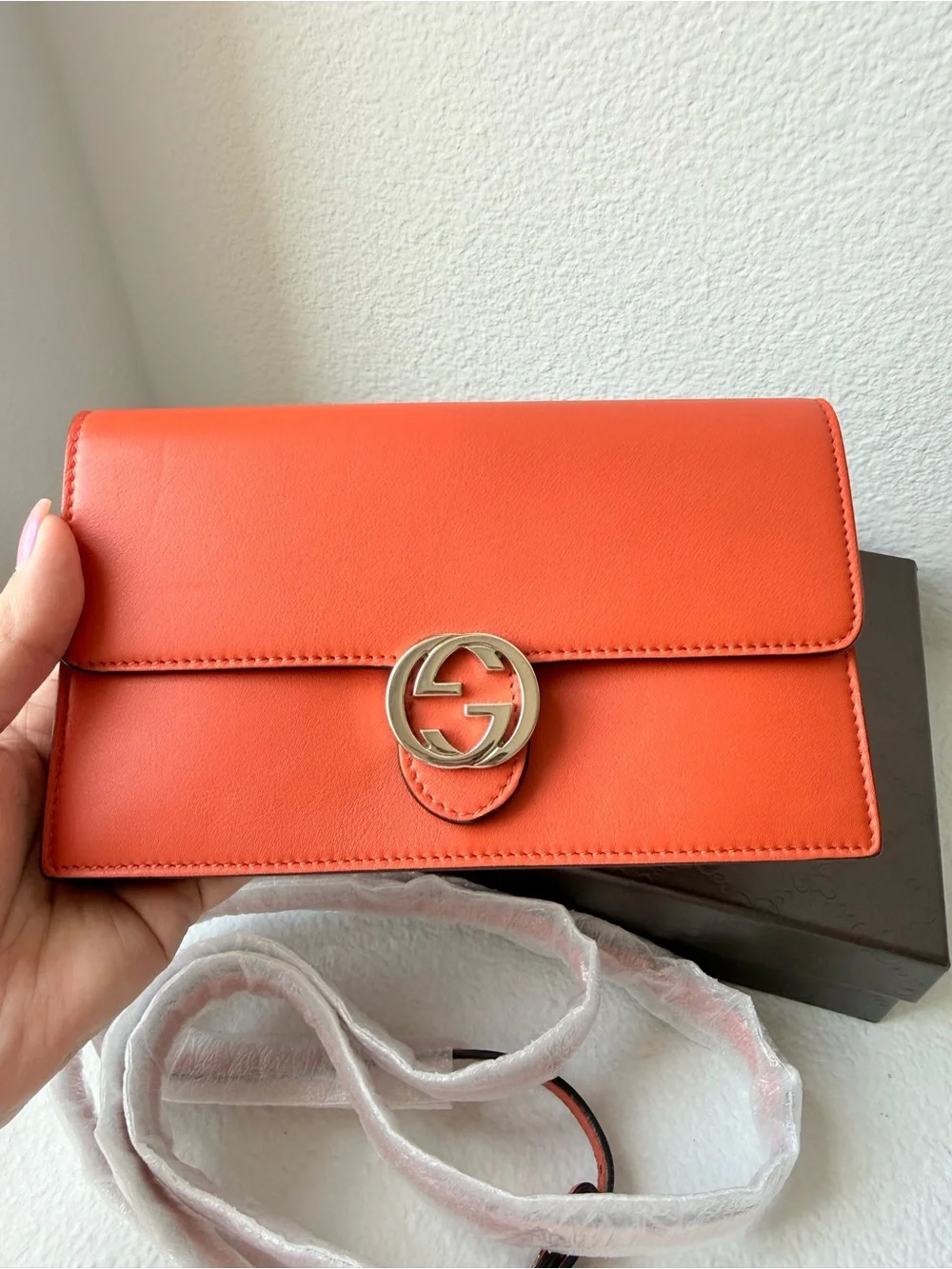 GUCCI Coral Orange Leather Wallet on Chain Crossbody/ Clutch with Interlocking G